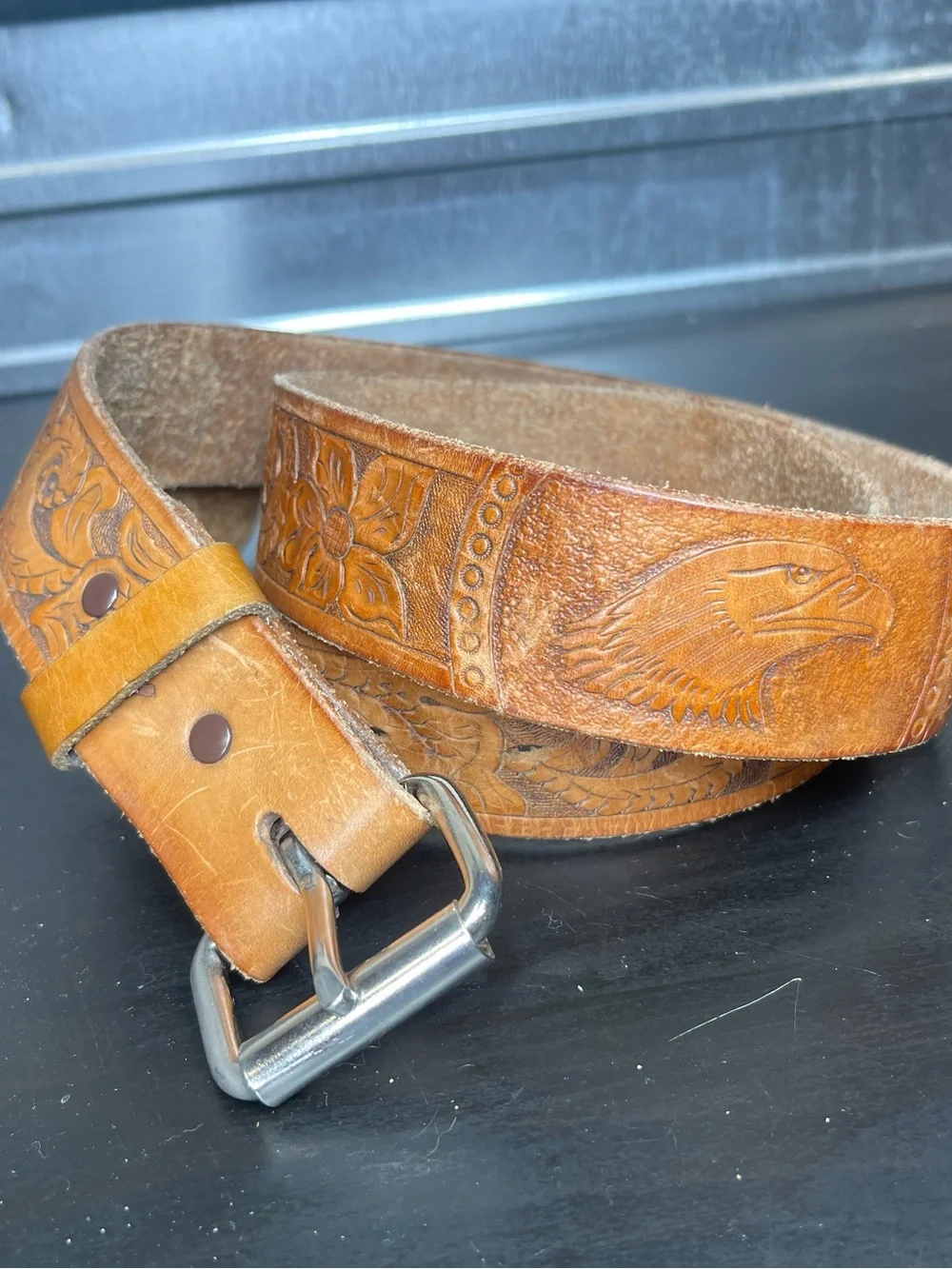 Vintage Tooled Leather Eagle Belt Brown Floral Western Cowboy Unisex Made in USA